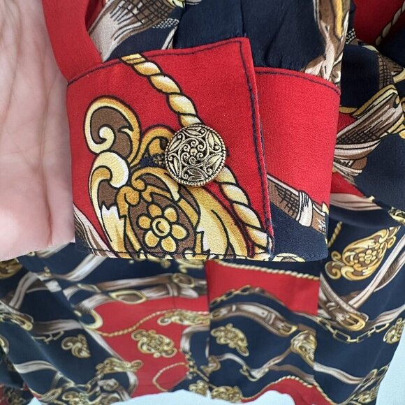 Vtg Stephanie Andrews 100% Silk Navy Red Button Dwn Blouse XS Corpcore Old Money - Picture 5 of 9